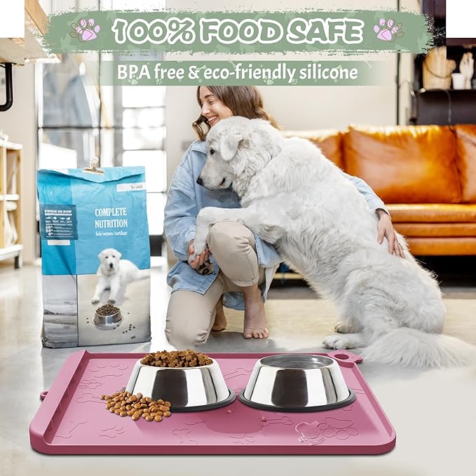 Dog Food Mat, Silicone Dog Mat for Food and Water -Pet Feeding Mats with Residue Collection Pocket, Waterproof Dog Cat Bowl Mats with Raised Edges and Hooks, Placemats for Cats and Dogs Water Bowl