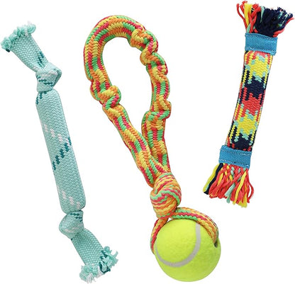 rocket & rex Dog Toy Set for Small to Medium Breeds, Includes Rope Toys with Rubber and Crackle Inside for Extra Chewing Fun and a Stretchy Tug of War Toy (Pack of 3)