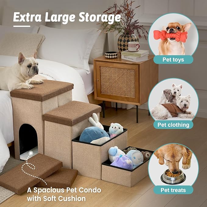 Dog Stairs with Storage, 4-Step Wider Sturdy Dog Steps for Small/Medium/Large Dogs and Older Cats, Doggie Ramp with Condo for Bed/Couch/Car Hold Up to 180 lbs (22.6" H, Beige)