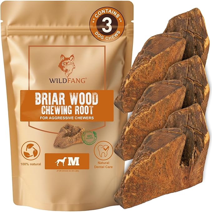 Wildfang® Briar Wood Chewing Root, Medium - Splinter Free Wood Dog Chew Toys for Aggressive Chewer, Odorless Natural Teething Toys Dogs Dental Health, Healthy Gums (for Dogs 33-55 lbs), Pack of 3