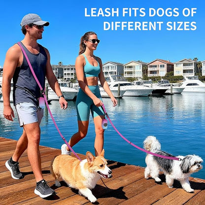 Kazazoo Hands-Free Dog Leash with Poop Bag Holder, Adjustable 4-7 Ft Waist for Dog Walking, Running for Small & Medium Dogs with Reflective Strips, Nylon Waist Belt, Hotpink