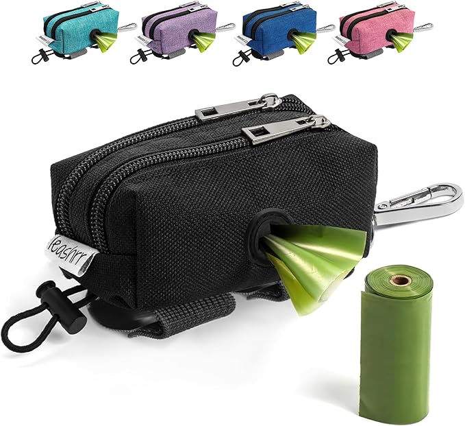 Dog Poop Bag Holder for Leashes - Dog Poop Bag Dispenser and Treat Holder with 2 Waterproof Pouches for Pet Waste Bags and Walking Accessories + 1 Free Roll - Leashrr 2.0 (Black)
