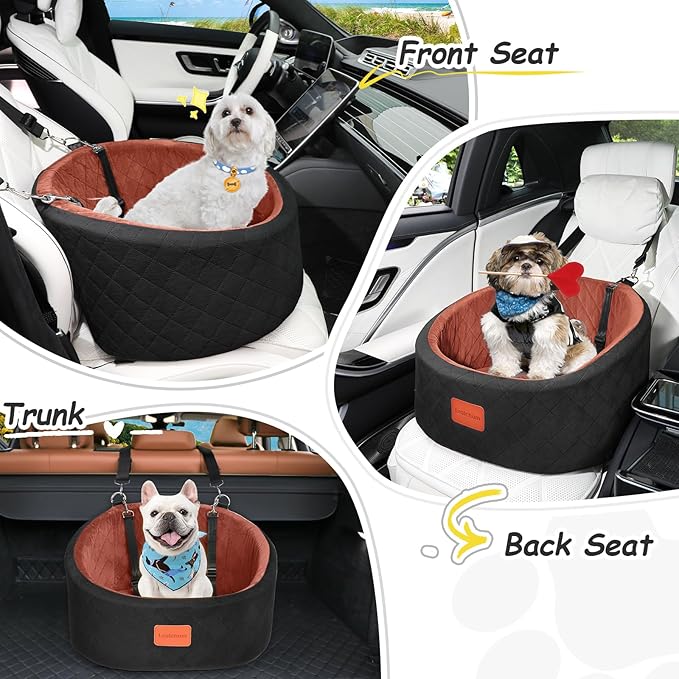 Lealchum Dog Car Seat for Small Dogs Up to 30 Lbs,Ultra Soft Fabric Fill in Comfy Memory Foam,Happy Pet Ride,2 Safety Dog Leashes,Fully Detachable and Washable,Anti Slip Base (Black/Brown, Small)