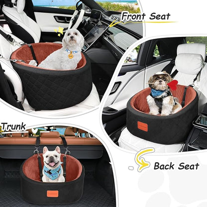 Lealchum Dog Car Seat for Small Dogs Up to 30 Lbs,Ultra Soft Fabric Fill in Comfy Memory Foam,Happy Pet Ride,2 Safety Dog Leashes,Fully Detachable and Washable,Anti Slip Base (Black/Brown, Small)