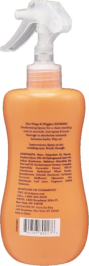 Wags & Wiggles Refresh Dog Deodorizing Spray in Zesty Grapefruit Scent - Long Lasting Dog Grooming Deodorizer Spray - Easy to Use to Combat Smelly Pet Odors, 12 Fl Oz