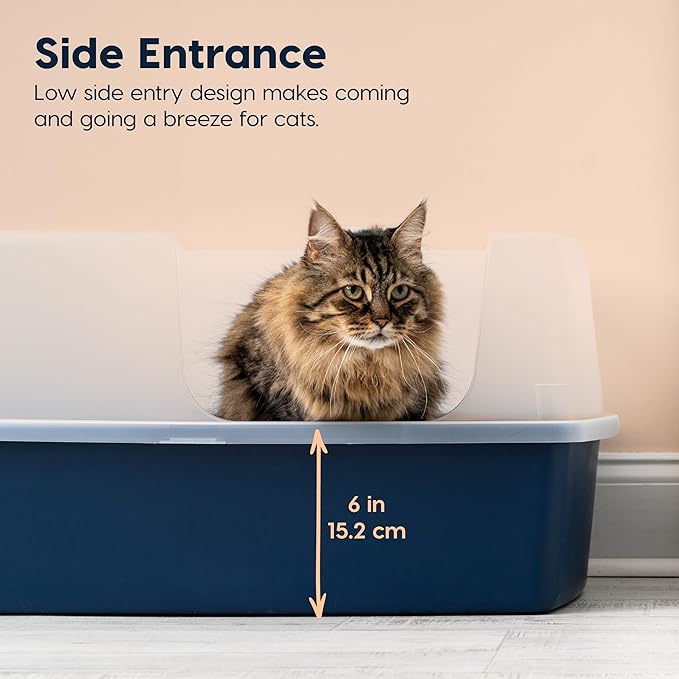IRIS USA XX-Large Side Entry Cat Litter Box, Open Top Extra Large Litter Box for Big Cats and Multi-Cat Households, High Sided Scatter Shield, Easy to Clean, 30" L x 20" W x 14" H, Navy