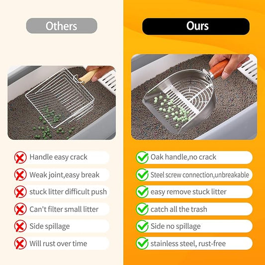 Custom 40% Thicker Side Edges 304 Stainless Steel Metal Cat Litter Scoop with Holder Stand Small Broom & Dustpan - Durable, Anti-Break Handle