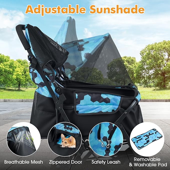 PETSITE Double Pet Stroller, Foldable Double Dog Stroller with 2-Seater Carrier, Adjustable Sunshade, Removable Pad, Safety Belt, Storage Basket, 4-Wheel Pet Travel Cart for 2 Puppies & Cats (Navy)