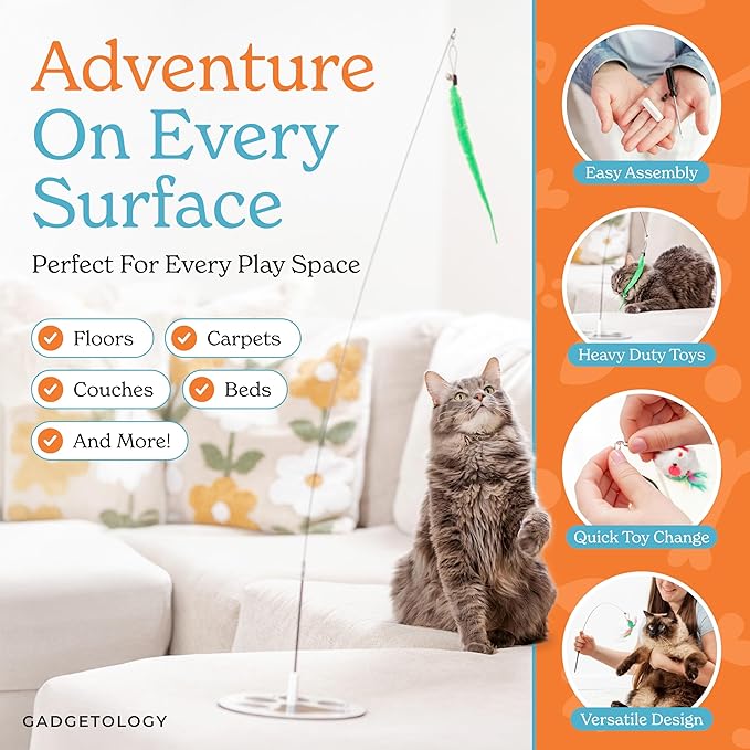 18-Piece Interactive Cat Toys for Indoor Cats -PATENTED Heavy Duty Self-Holding Floor Base & Suction Cup - Durable Feather Wand Bird Simulation Self Play Kitten Toys for Bored Adult Cats Juguete Gato