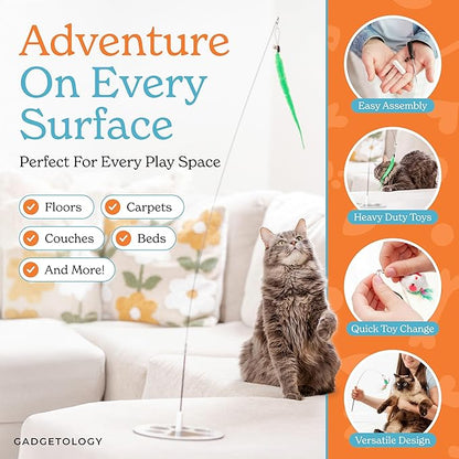 18-Piece Interactive Cat Toys for Indoor Cats -PATENTED Heavy Duty Self-Holding Floor Base & Suction Cup - Durable Feather Wand Bird Simulation Self Play Kitten Toys for Bored Adult Cats Juguete Gato