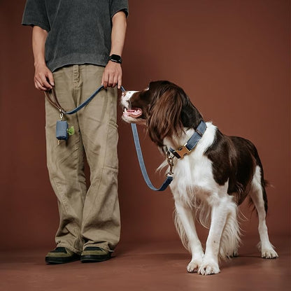Didog Classic Dog Poop Bag Holder, Easy-Pull and Elegant PU Leather Pet Waste Bag Dispenser for Leash with Carabiner Clip, Includes 1 Roll Dog Waste Bag for Daily Walking,Blue