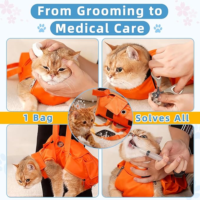 Waterproof Cat Grooming Restraint Bag - Anti-Scratching for Claw Care & Nail Trimming, Ideal for Cat Medical Examination (Pink, M)