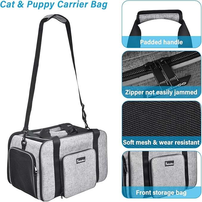 Petmolico Cat Carrier Soft-Sided Pet Bag for Small Medium Cats Puppies 16LBs - Airline Approved Pet Travel Carrier 3 Open Doors (Medium,Grey-X863)