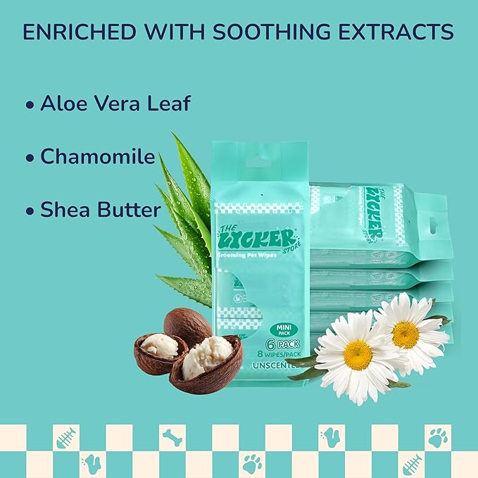 PWP1008A-6SET Mini Dog Body Wipes, Hypoallergenic Pet Grooming Wipes with Aloe Vera, Chamomile & Shea Butter, for Paws, Face & Body, Cleaning & Hydrating, 288 Count (6 Bags)