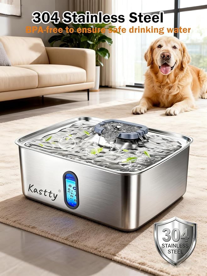 Kastty 3.96 Gal Dog Water Fountain for Large Dogs,15L Stainless Steel Large Pet Water Fountain, Ultra Quiet Automatic Dog Water Bowl Dispenser with Water Level Window and LED Light(FS78,Grey