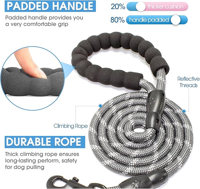 BAAPET 2/4/5/6 FT Dog Leash with Comfortable Padded Handle and Highly Reflective Threads for Small Medium and Large Dogs (5FT-1/2'', Grey)