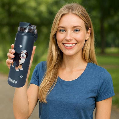 E&S Pets SERENGETI 24 Oz Water Bottle Stainless Steel with Spill Proof Lid - Double walled Vacuum Insulated water flask - Realistic 3D Print of your favorite dog (Bernedoodle)