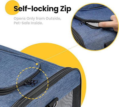 Dog Carrier Soft Sided, Large Cat Carrier with Inner Safety Leash, Pet Transport Carrier for Large Cats and Medium Dogs up to 20 Lbs, Collapsible Travel Puppy Carrier Bag -Blue L