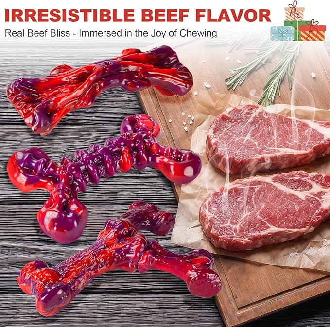 3-Pack Dog Chew Toys for Aggressive Chewers Medium & Large Breed (20-90 lbs), Indestructible Nylon Bones with Beef Flavor, Tough Dental Chews for Boredom & Anxiety, Long Lasting Doggy Gifts