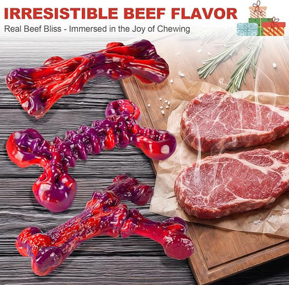 3-Pack Dog Chew Toys for Aggressive Chewers Medium & Large Breed (20-90 lbs), Indestructible Nylon Bones with Beef Flavor, Tough Dental Chews for Boredom & Anxiety, Long Lasting Doggy Gifts