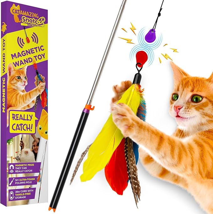 Cat Amazing Snatch - Magnetic Cat Wand Toy! Telescoping, Durable Feather Toy for Cats - Fishing Pole & Teaser Wand String Stick - Cats Can Really Catch!