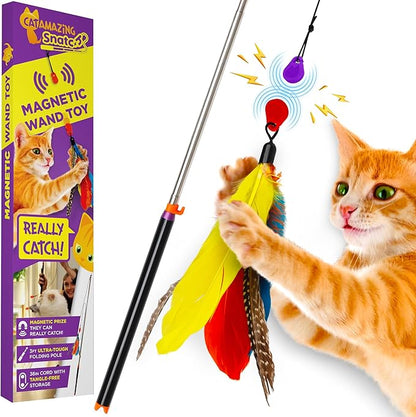Cat Amazing Snatch - Magnetic Cat Wand Toy! Telescoping, Durable Feather Toy for Cats - Fishing Pole & Teaser Wand String Stick - Cats Can Really Catch!