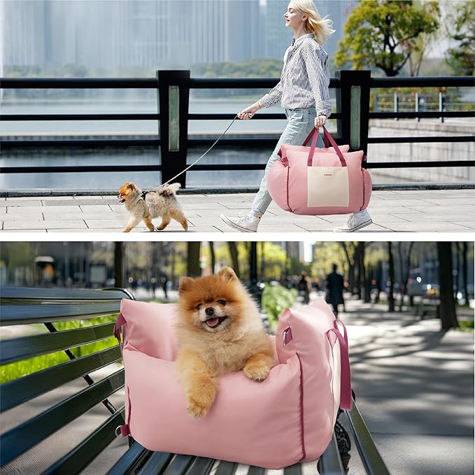 Lesure Small Dog Car Seat for Small Dogs - Soft Dog Booster Seat for Car with Storage Pocket and Clip-On Safety Leash and Thickened Memory Foam Filling, Pet Travel Carrier Bed Strawberry Cream