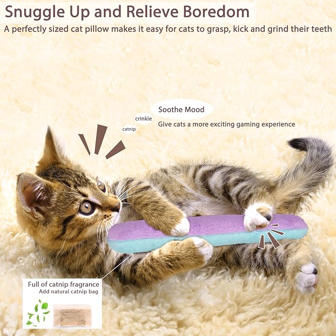 Retro Shaw Refillable Catnip Toys for Cats, 3Pcs Cat Toys Pillows with Crinkle Sound, Interactive Indoor Kitten Nip Chew Kitty Kicker Toy for Exercise 8 Inches