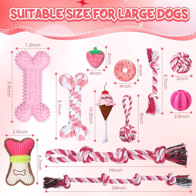 Vinsot 12 Pack Large Dog Chew Toys for Aggressive Chewers Pink Dogs Teething Toys with Dental Rope Squeaky Balls and Chew Bone for Medium Large X-Large Breeds Dogs