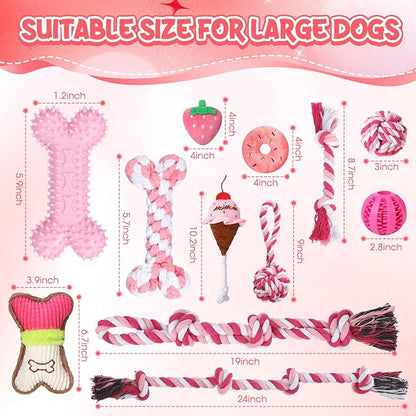 Vinsot 12 Pack Large Dog Chew Toys for Aggressive Chewers Pink Dogs Teething Toys with Dental Rope Squeaky Balls and Chew Bone for Medium Large X-Large Breeds Dogs