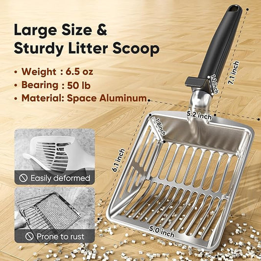 Metal Cat Litter Scoop, Large Cat Scooper with Deep Shovel & Dual Sifting Holes for Fast & Precise Sifting, Space Aluminum Kitty Litter Scooper with Long Handle & Easy-to-Hang Hook - Black