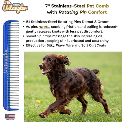 Pet comb for easy mat removal - silky smooth rotating teeth untangles without causing pain to pets. (7" Ocean Blue)