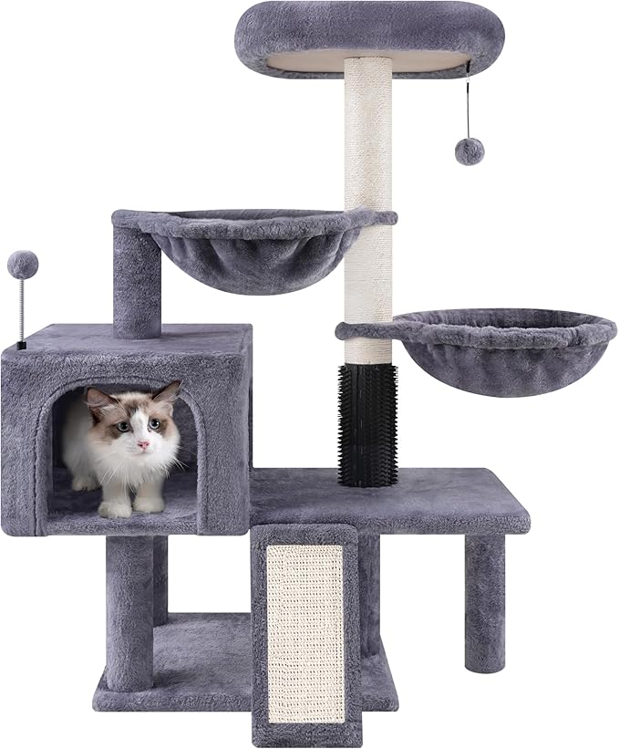 ROYPET Cat Tree with Cat Condo and Two Hammocks, Cat Tower with Scratching Posts and Scratching Pads, Grey