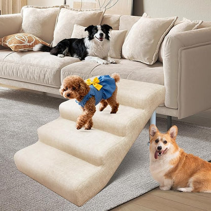DoCred Adjustable Pet Stairs for Beds & Sofas - 4 Step 14.5"-17.7" H Non-Slip Dog Stairs for Small to Medium Dogs & Cats, Supports up to 150 lbs - Linen Faux Leather Dog Steps