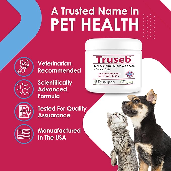 Truseb Chlorhexidine Wipes for Dogs Cats Horses with Aloe Vera - Medicated Ketoconazole Wipes for Skin Irritation, Hot Spots, Redness Relief (50 Count)