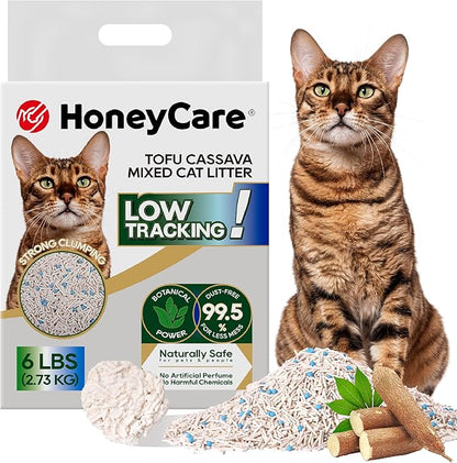 HoneyCare Cassava Tofu Mixed Cat Litter I Quick Clumping, Odor Control, Plant-Based Natural Ingredients, Non-Stick, Low Tracking, & Low Dust, 6 Lbs