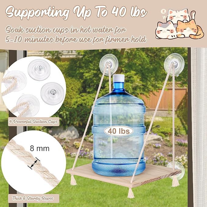 MCEAST Cat Window Perch with Cushion Bed Fluffy Blanket 4 Strong Suction Cups Hanging Window Shelf Easy to Install Solid Window Hammock for Small Medium Indoor Cats, Natural Wood Color