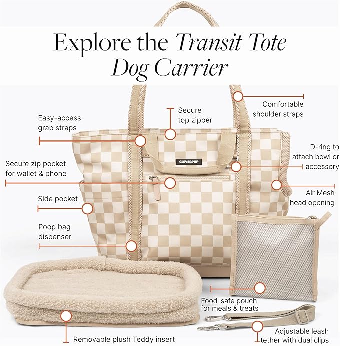Cleverpup Transit Tote Dog Carrier 4-Piece Set - Premium Lightweight Pet Travel Bag with Plush Teddy Insert, Food Pouch, Air Mesh Opening, Water-Resistant Base & Safety Tether - Medium Checkerboard