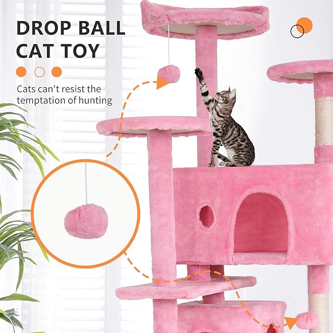 BestPet | 70" Cat Tree Tower | Pink | Sturdy, Easy to Assemble, Multi-Level Activity Center with Sisal Scratching Posts, Condos, Perches, Hanging Cat Toys, Observation Decks & Ladder