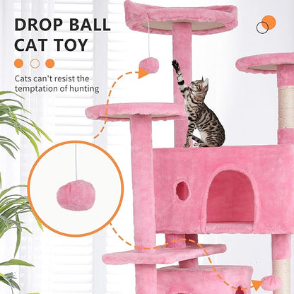 BestPet | 70" Cat Tree Tower | Pink | Sturdy, Easy to Assemble, Multi-Level Activity Center with Sisal Scratching Posts, Condos, Perches, Hanging Cat Toys, Observation Decks & Ladder