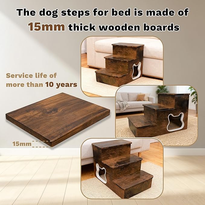Dog Stairs for Large Dogs,Wooden Dog Steps for High Bed,24.4" Non-Slip Pet Stairs Up to 180LB,Pet Ramps for Small Medium Large Pet (Tiger, Small, 3)