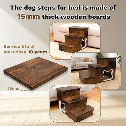 Dog Stairs for Large Dogs,Wooden Dog Steps for High Bed,24.4" Non-Slip Pet Stairs Up to 180LB,Pet Ramps for Small Medium Large Pet (Tiger, Small, 3)
