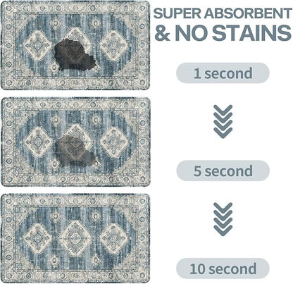 Pet Dog Cat Food Mat, Non Slip Bowl Mats for Food and Water, Absorbent Boho Dogs Cat Feeding Mat Puppy Pet Placemats for Floors Indoor Pets Accessories Supplies 12 * 20 inch, Retro Blue