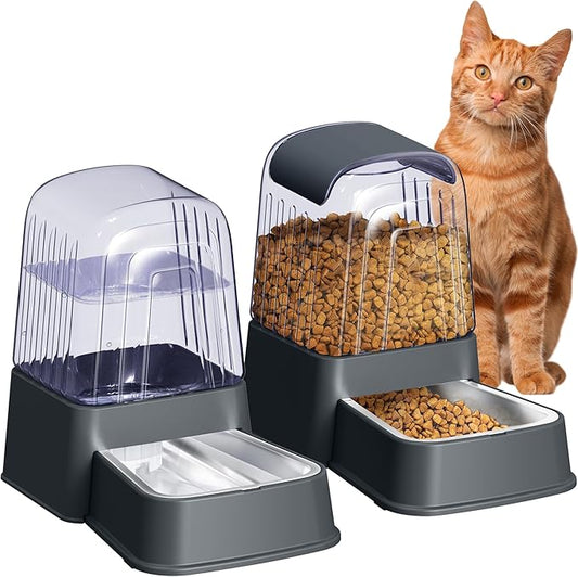 Automatic Dog and Cat Food Feeder and Water Dispenser Set with Stainless Steel Bowls,Gravity Pet Food and Water Feeders,100% BPA-Free,Large Capacity for Cats Dogs Pets…(3.5L Dark Gray)