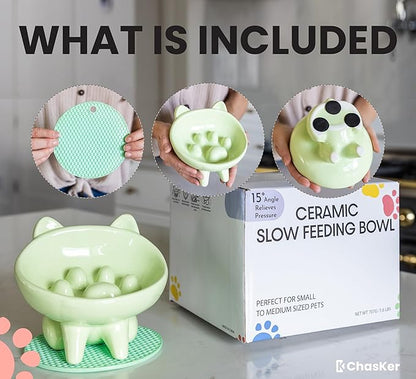Ceramic Slow Feeder Bowl, Elevated CAT & Dog Slow Feeder, Wide-Mouth, PAW Design, Stylish Design, for Fast Eaters, Non Slip, Pets, Small & Medium Sized Breeds, (Green)