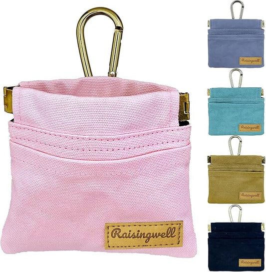 Raisingwell Pocket Sized Pet Training Pouch, Cotton Fabric, Hand Free Dog Walking Bag with Carabiner Self-Closing Pet Feed Snack Reward for Puppy Travel or Outdoor Use (PINK)