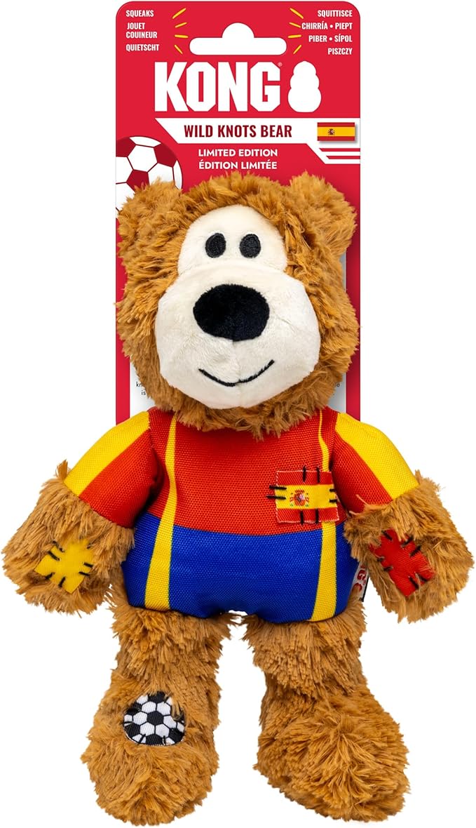 KONG Wild Knots Bear Soccer Player Dog Toy – Spain – National Team Jersey Inspired – International Tournament Edition – Plush Rope Toy with Squeaker, Medium/Large
