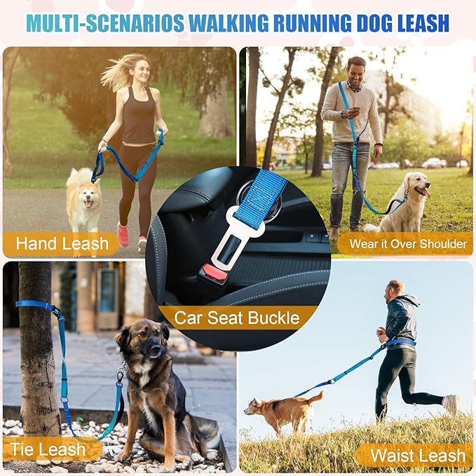 Heavy Duty Hands Free Dog Leash, 5-7 FT Reflective Adjustable Waist Dog Leash Belt with Padded Handles, Shock Absorbing Bungee and Car Seat Belt for Large Medium Dogs (Gradient Cobalt, XL)