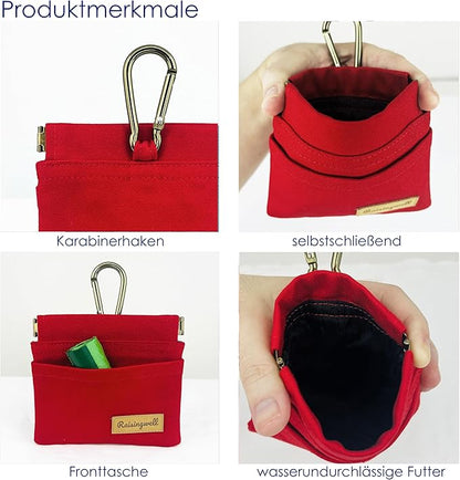 Raisingwell Dog Treat Pouch, Red Pocket Sized Pet Training Pouch, Cotton Fabric, Hand Free Dog Walking Bag with Carabiner, Self-Closing Pet Feed Snack Reward, for Puppy Travel or Outdoor Use