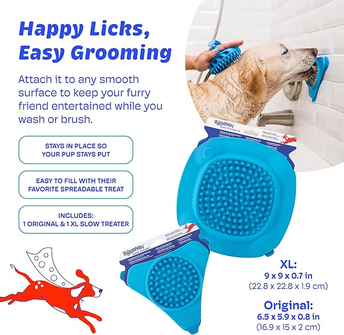 Aquapaw Silicone Dog Lick Mat - Suction Cup Slow Feeder Pad - Calming Bath Time Aid & Dog Grooming - Stress Relief & Pet Enrichment - Pack of 2 - XL & Small, Blue